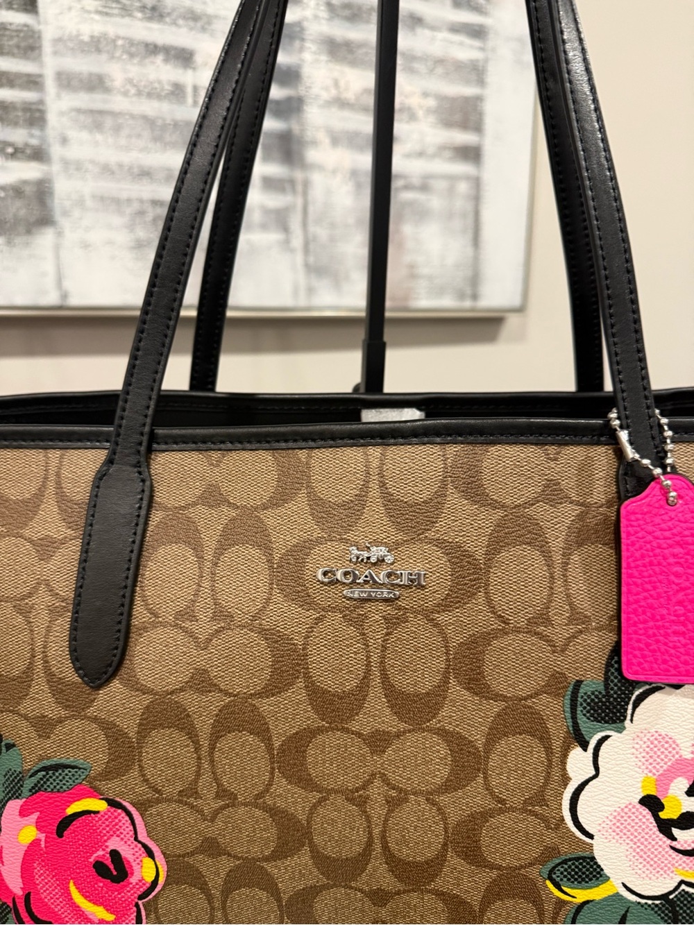 Coach Brown Signature Canvas Tote with Pink Floral Accents - Picture 2 of 9